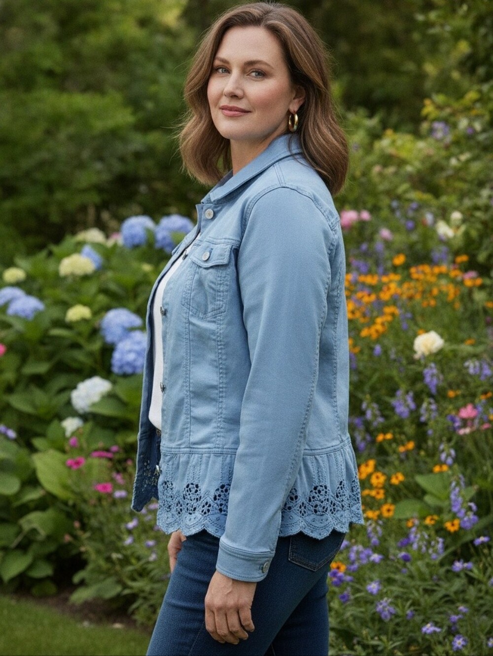 Susan Graver Light Blue Embroidered-Hem Women's Jacket - Picture 2 of 11